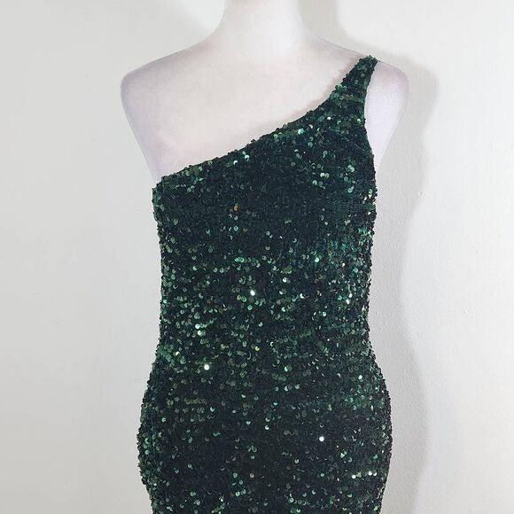 Mi Ami Green Sequin One Shoulder Mini Dress NWOT Size Small Formal Sequin Dress