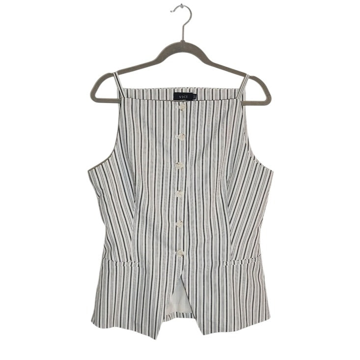 VICI Black and White Stripe Button Down Sleeveless Vest Style Top Sz Large NWOT