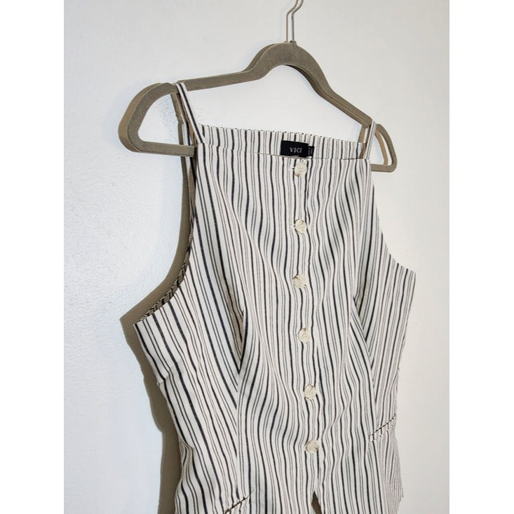 VICI Black and White Stripe Button Down Sleeveless Vest Style Top Sz Large NWOT