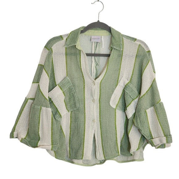 Out From Under Green and White Stripe Boxy Cropped Buttondown Shirt Size XS