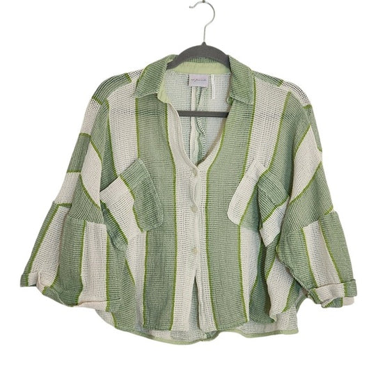 Out From Under Green and White Stripe Boxy Cropped Buttondown Shirt Size XS