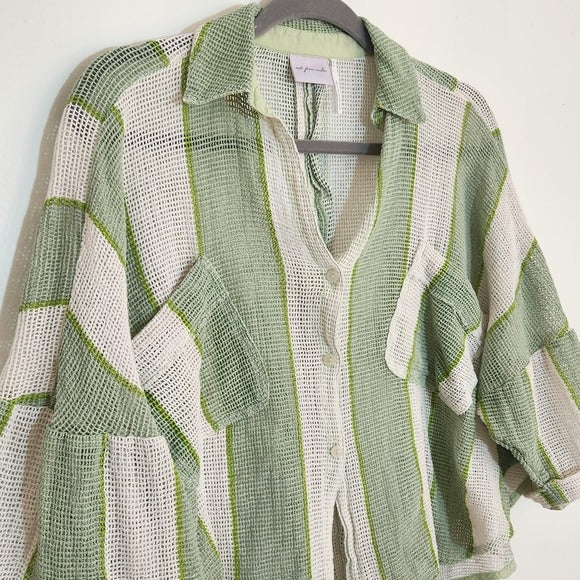 Out From Under Green and White Stripe Boxy Cropped Buttondown Shirt Size XS