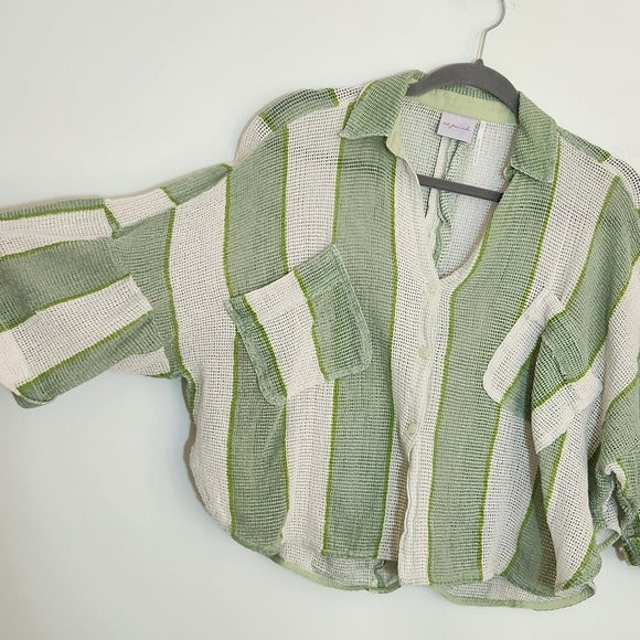 Out From Under Green and White Stripe Boxy Cropped Buttondown Shirt Size XS