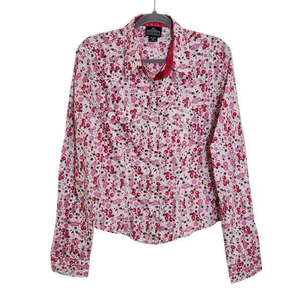 Angie Pink and White Cherry Print Southwestern Button Up Top Size XL NWT
