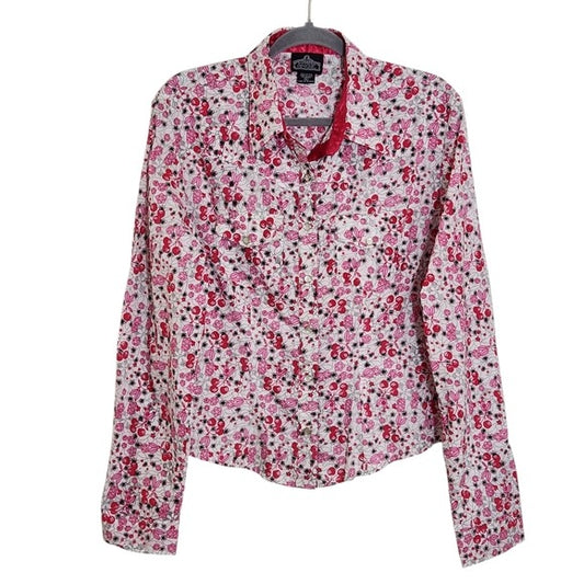 Angie Pink and White Cherry Print Southwestern Button Up Top Size XL NWT