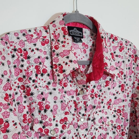 Angie Pink and White Cherry Print Southwestern Button Up Top Size XL NWT
