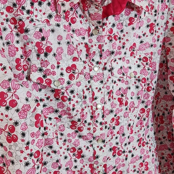 Angie Pink and White Cherry Print Southwestern Button Up Top Size XL NWT