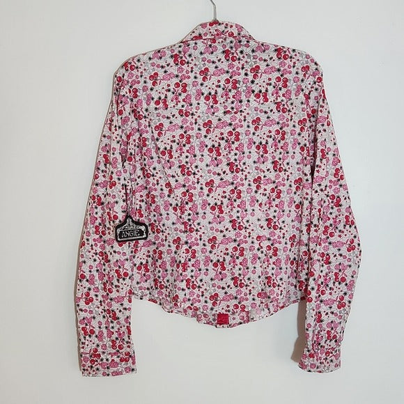 Angie Pink and White Cherry Print Southwestern Button Up Top Size XL NWT
