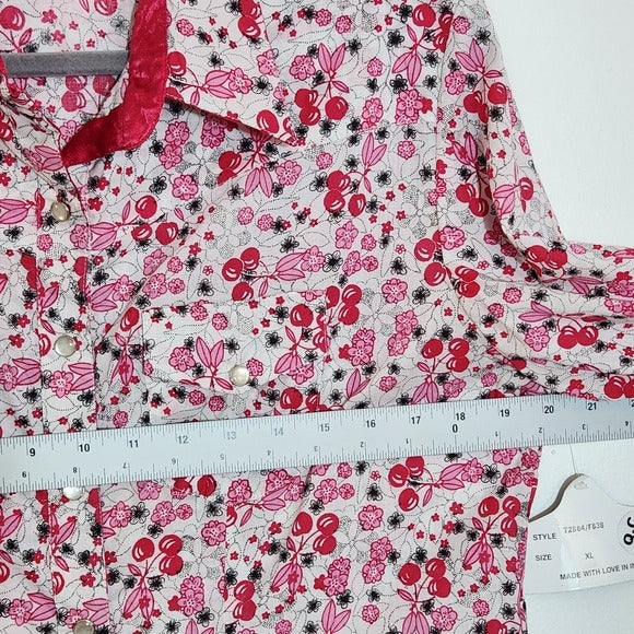 Angie Pink and White Cherry Print Southwestern Button Up Top Size XL NWT