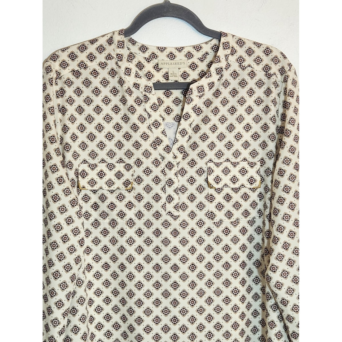 Appleseed's Cream and Brown Medallion Print Blouse Size Large