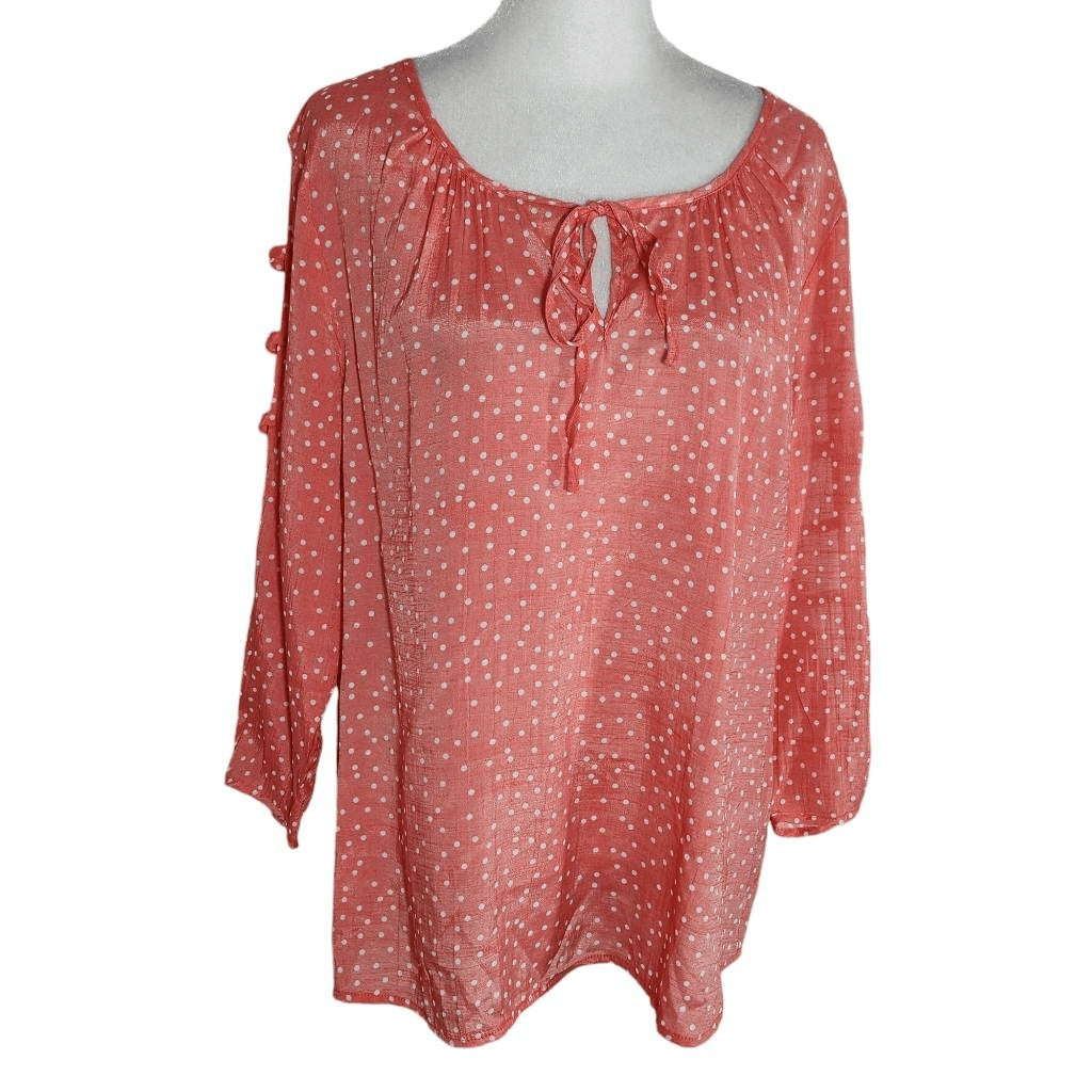 Como Blu Coral Pink Polka Dot Blouse with Cutout Detail Size Large Coral Top