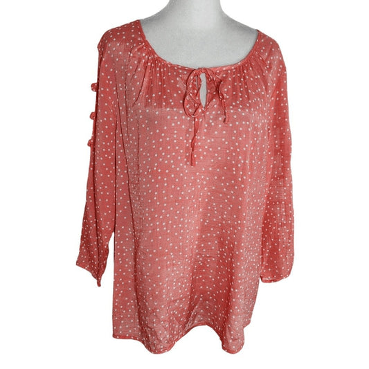 Como Blu Coral Pink Polka Dot Blouse with Cutout Detail Size Large Coral Top