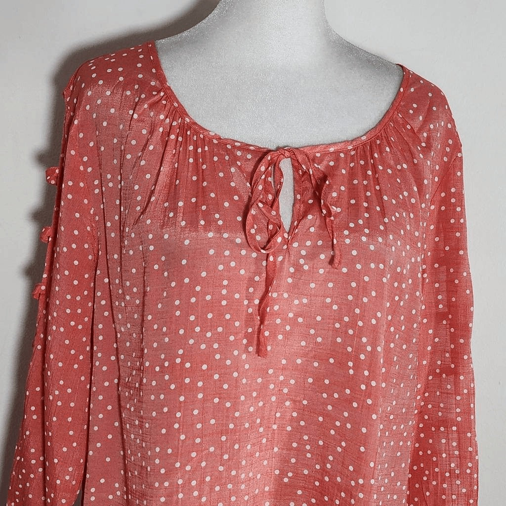 Como Blu Coral Pink Polka Dot Blouse with Cutout Detail Size Large Coral Top