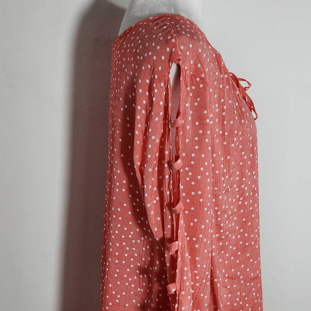 Como Blu Coral Pink Polka Dot Blouse with Cutout Detail Size Large Coral Top