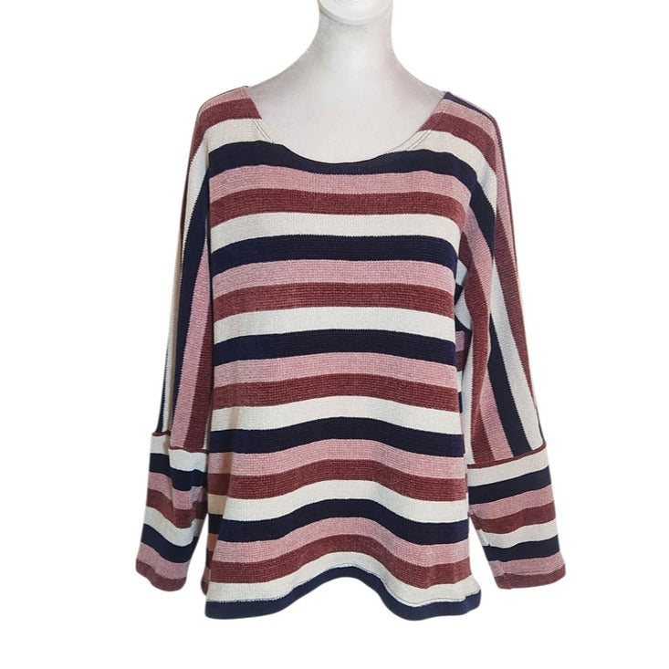 Chenault Pink and Navy Striped Chenille Pullover Size Large