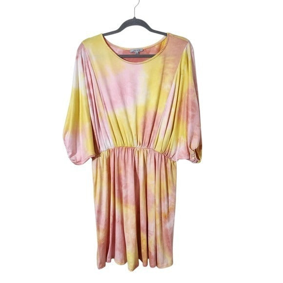 White Birch Boho Mini Dress Size Large Yellow and Pink Dyed Look Dress