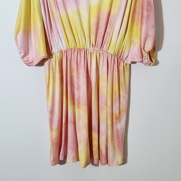 White Birch Boho Mini Dress Size Large Yellow and Pink Dyed Look Dress