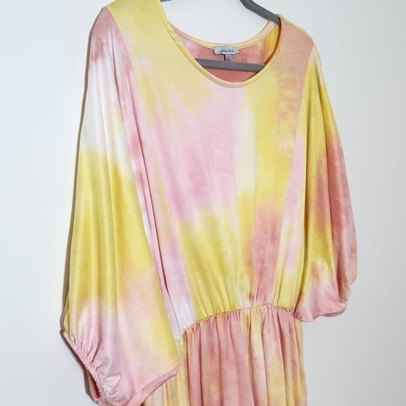 White Birch Boho Mini Dress Size Large Yellow and Pink Dyed Look Dress