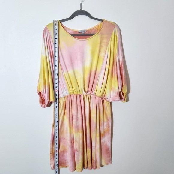 White Birch Boho Mini Dress Size Large Yellow and Pink Dyed Look Dress