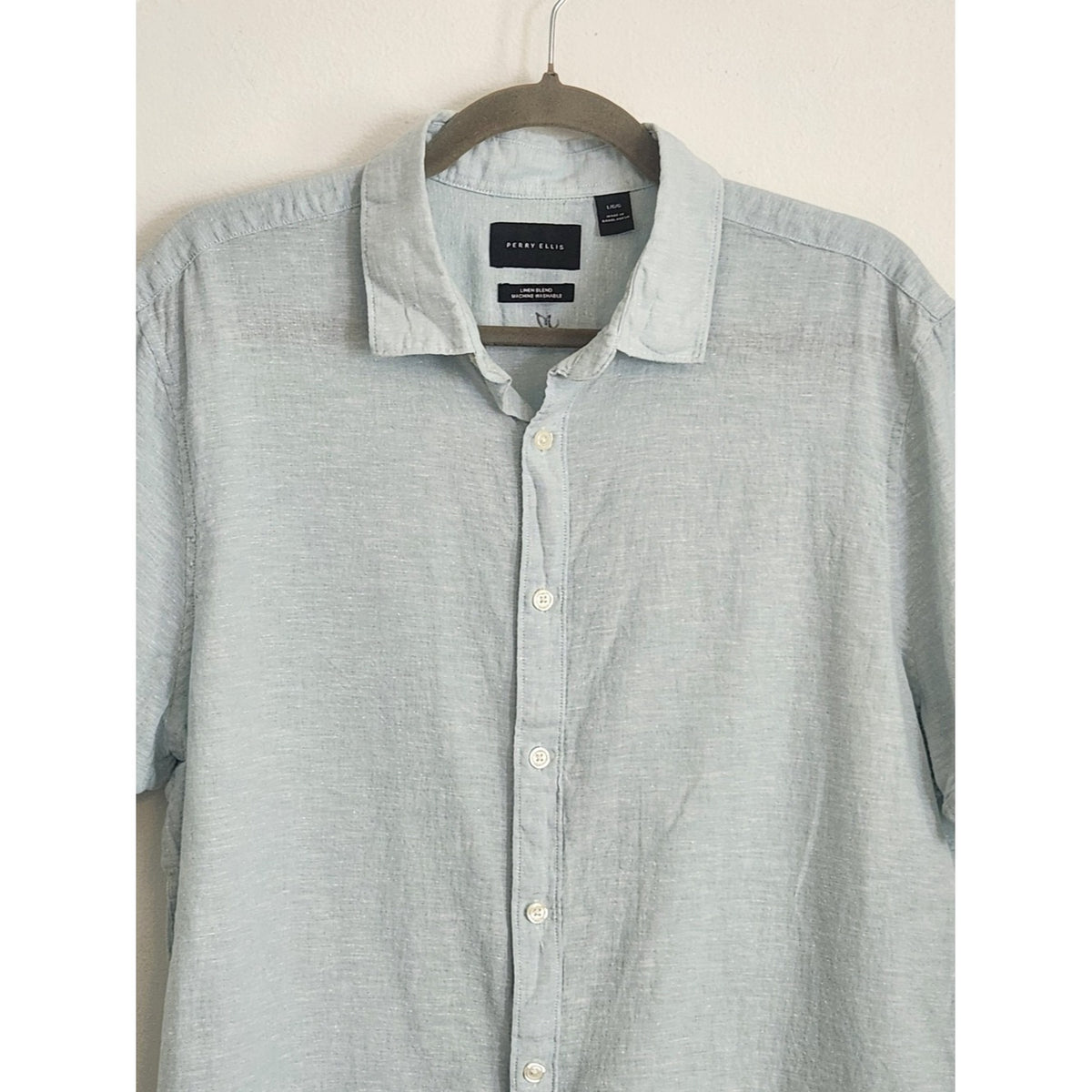 Perry Ellis Light Blue Linen Blend Short Sleeve Button Down Shirt Size Large