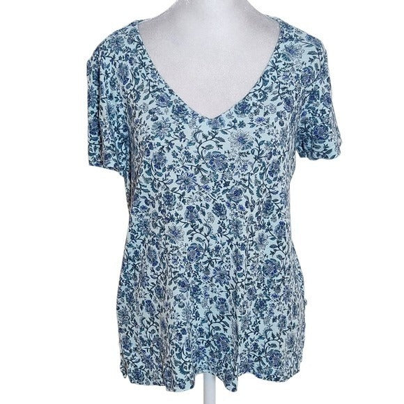 J. Jill Blue Floral Slub Knit V-Neck Tee Size XS Petite J. Jill Blue Floral Tee