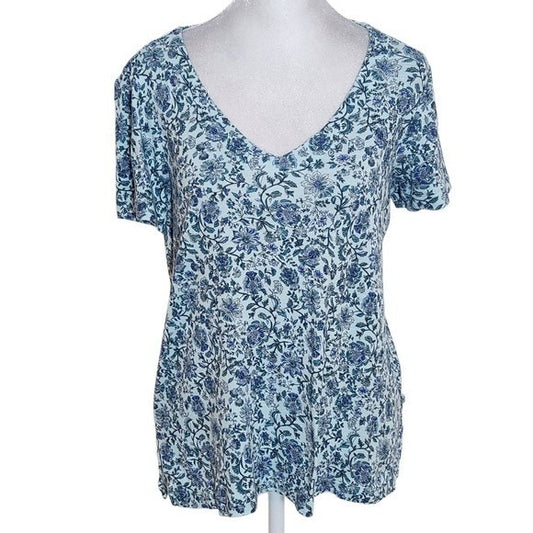 J. Jill Blue Floral Slub Knit V-Neck Tee Size XS Petite J. Jill Blue Floral Tee