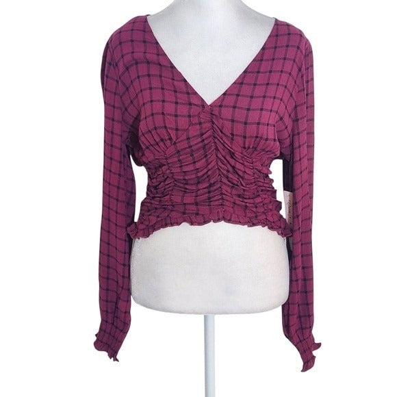 Crave Fame Wine Plaid Smocked Crop Top NWT Size Medium