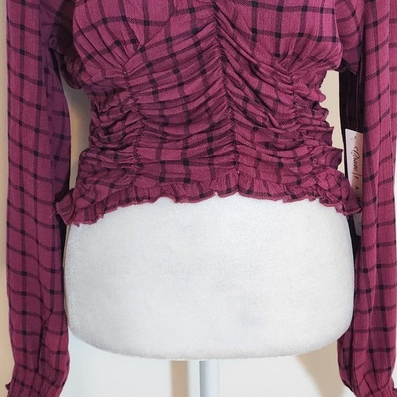 Crave Fame Wine Plaid Smocked Crop Top NWT Size Medium