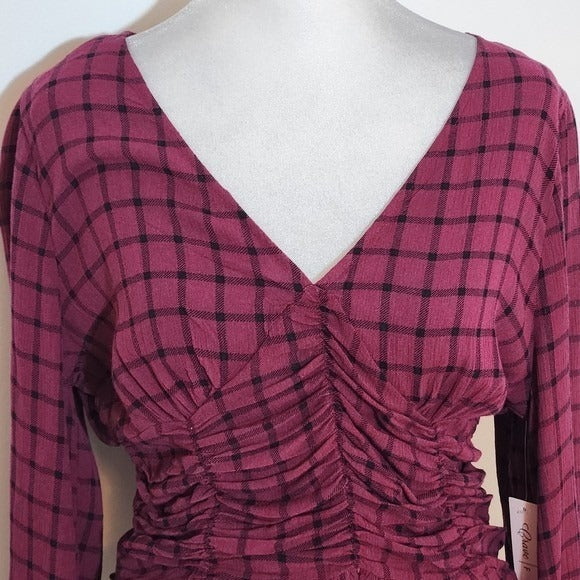 Crave Fame Wine Plaid Smocked Crop Top NWT Size Medium