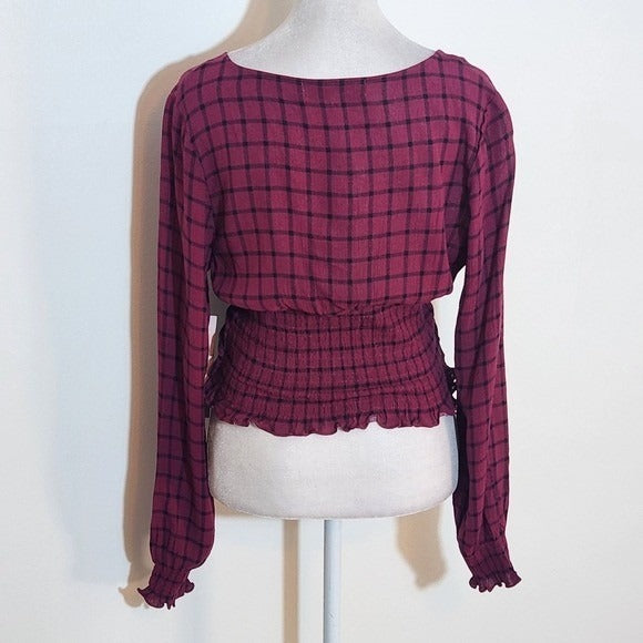 Crave Fame Wine Plaid Smocked Crop Top NWT Size Medium
