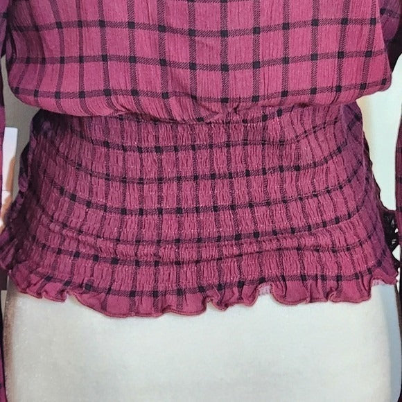 Crave Fame Wine Plaid Smocked Crop Top NWT Size Medium