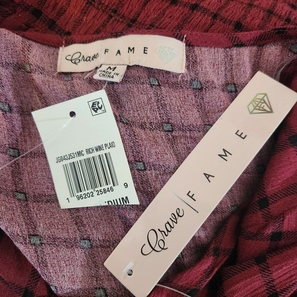 Crave Fame Wine Plaid Smocked Crop Top NWT Size Medium