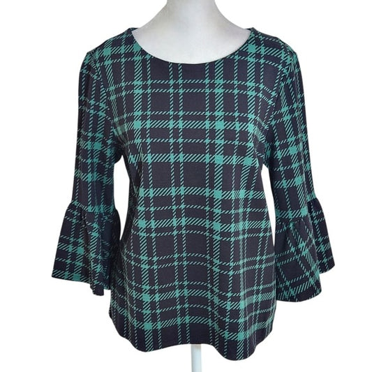 Jude Connally Green and Black Plaid Dixie Ponte Blouse Size XS NWT