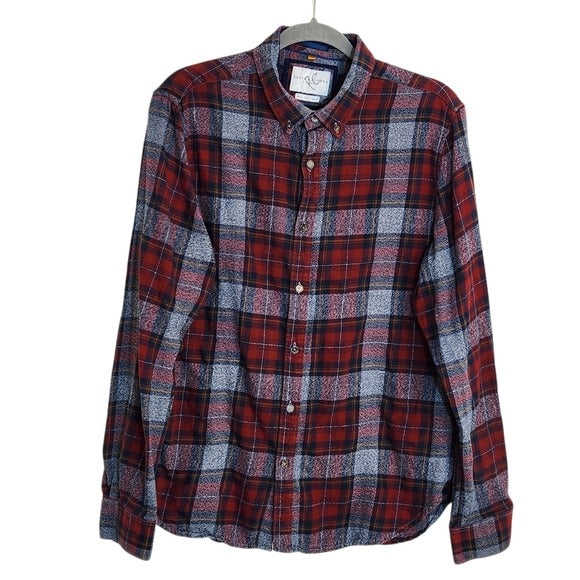 Denim & Flower Red and Gray Plaid Flannel Button Shirt Size Large