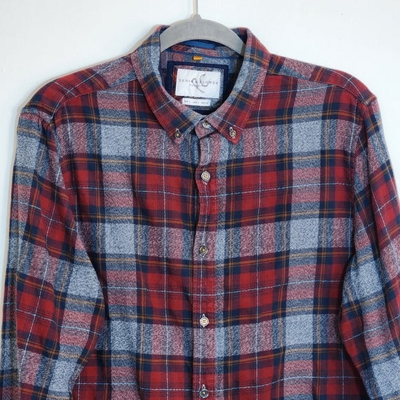 Denim & Flower Red and Gray Plaid Flannel Button Shirt Size Large