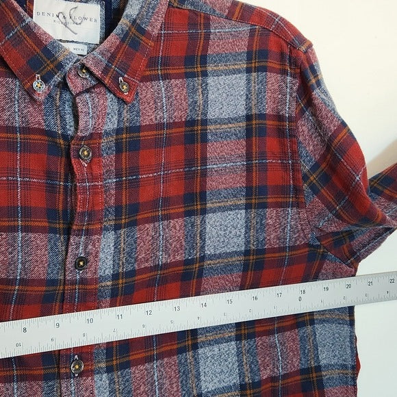 Denim & Flower Red and Gray Plaid Flannel Button Shirt Size Large