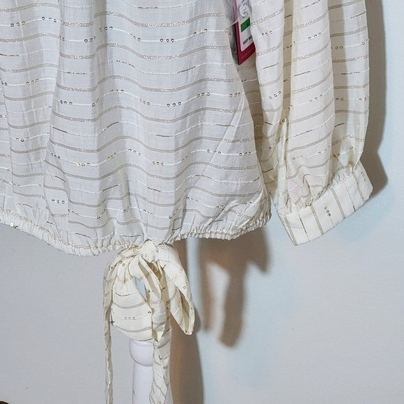 Vince Camuto Sheer Cream and Metallic Gold Top NWT Size Large Ivory Blouse