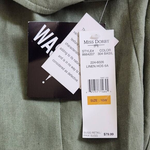 Lady Dorby Green Linen Short Sleeve Blazer NWT Size 16W Olive Green Blazer