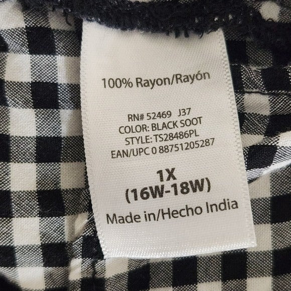 Terra & Sky Black and White Gingham Top Size 1X Black Check Blouse