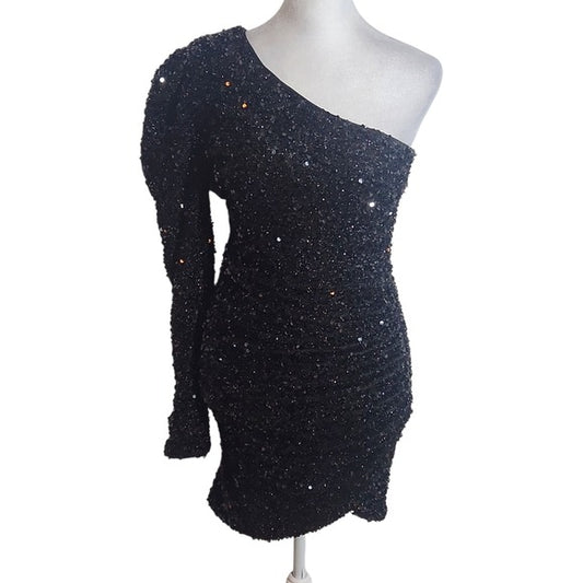 Fashion Nova Mini Black Sequin One-Shoulder Cocktail Dress Size Small