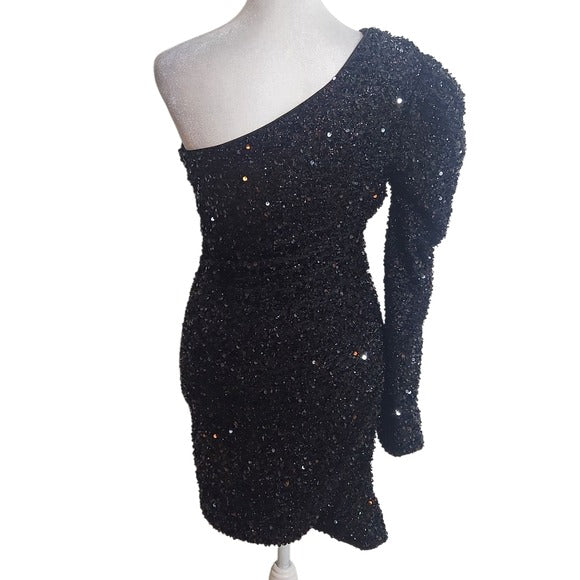 Fashion Nova Mini Black Sequin One-Shoulder Cocktail Dress Size Small