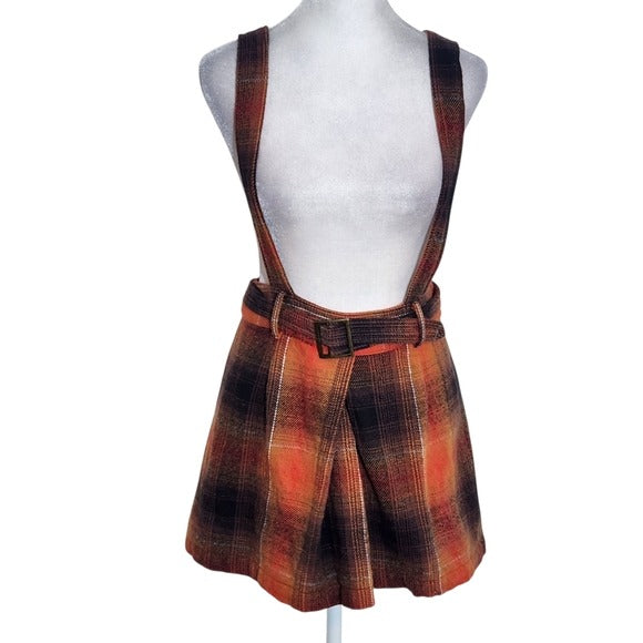 Urban Outfitters Orange Plaid Pinafore Skirt with Belt Size Small Flannel Skirt