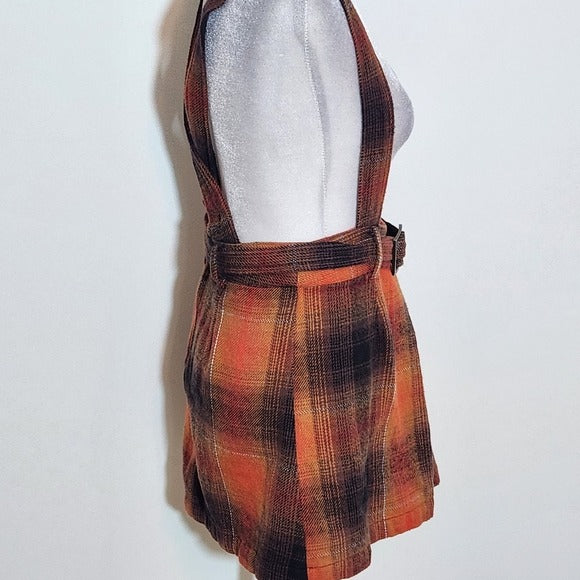 Urban Outfitters Orange Plaid Pinafore Skirt with Belt Size Small Flannel Skirt