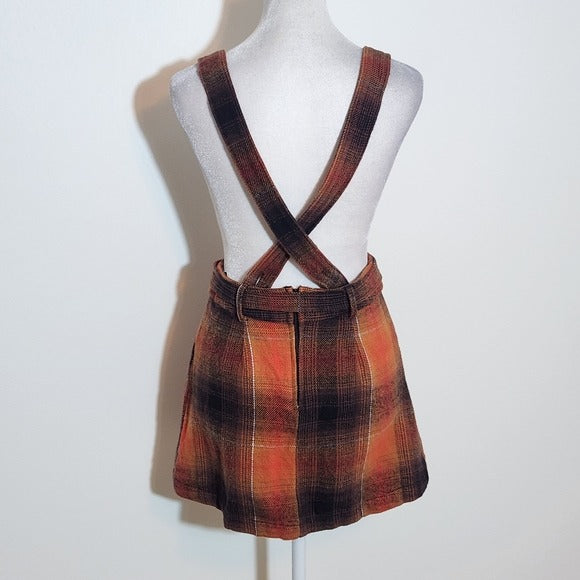 Urban Outfitters Orange Plaid Pinafore Skirt with Belt Size Small Flannel Skirt