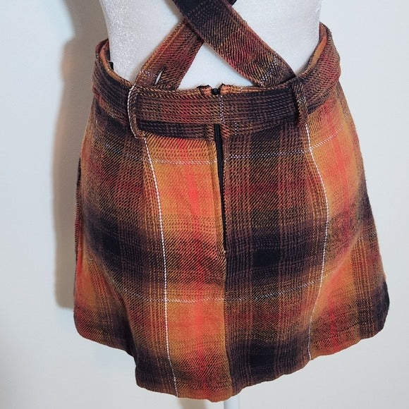 Urban Outfitters Orange Plaid Pinafore Skirt with Belt Size Small Flannel Skirt