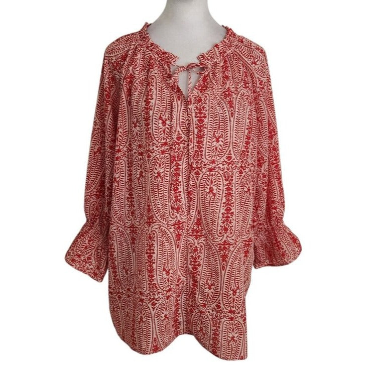 First Love Red and White Boho Print Blouse with Semi Sheer Fabric Size Large