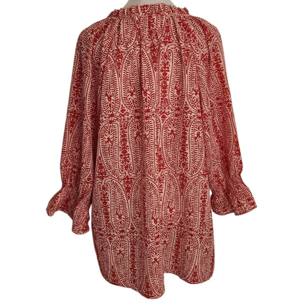 First Love Red and White Boho Print Blouse with Semi Sheer Fabric Size Large