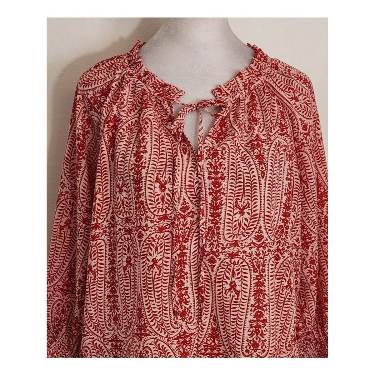 First Love Red and White Boho Print Blouse with Semi Sheer Fabric Size Large