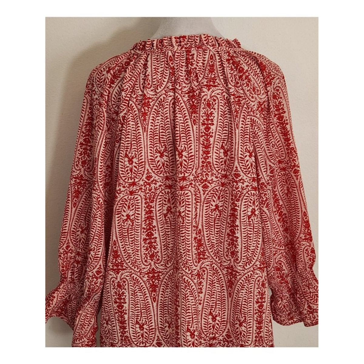 First Love Red and White Boho Print Blouse with Semi Sheer Fabric Size Large