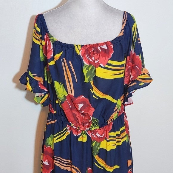 New York & Company Navy Floral Print Tunic with Long Panels Size Large